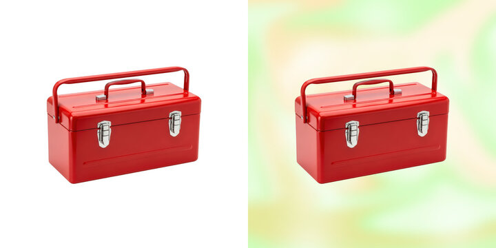 Red metal tool box isolated on white background.