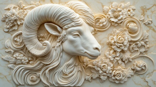 Ornate bas-relief ram head, floral design, marble background; decorative wall art