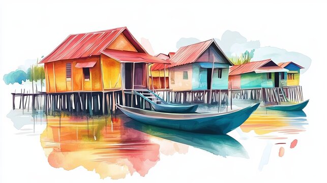 Tonle Sap Lake. Tonle Sap Lake hand drawn watercolor illustration  on white background