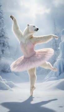 Polar bear dancing in a pink tutu, concept of creativity and joy