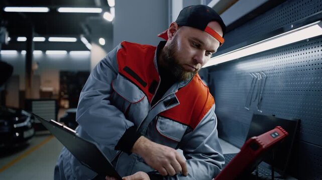 A professional automotive engineer in uniform is carrying out computer diagnostics on a passenger car&rsquo;s engine whilst the vehicle is on a hoist, using a diagnostic tablet, in a car service workshop 