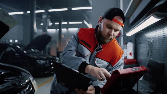 A professional auto mechanic in uniform performs diagnostics on a car using a tablet scanner in a car repair shop.