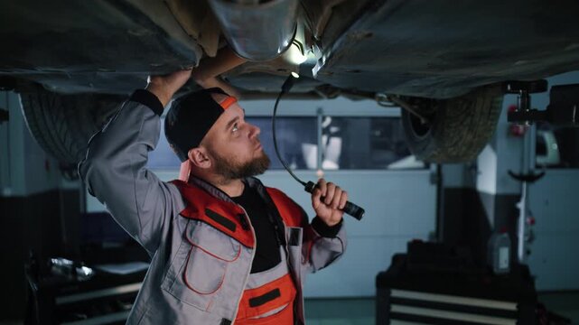 A professional auto mechanic performs diagnostics of the chassis and suspension of a car on a hydraulic lift at a car service center.