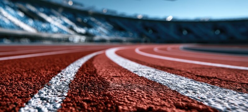 Close-up of a red running track with white lines, stadium seating in background