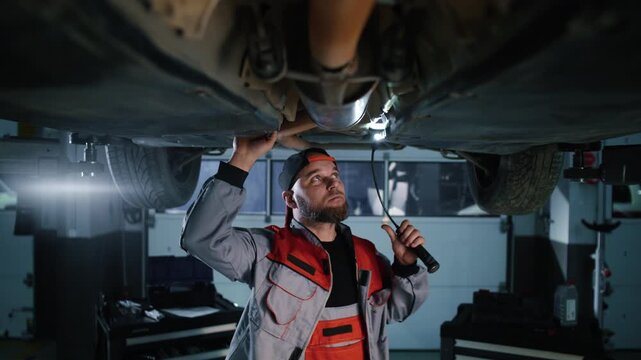A professional automotive engineer in uniform, holding a torch, is inspecting the underside of a car on a hydraulic lift 