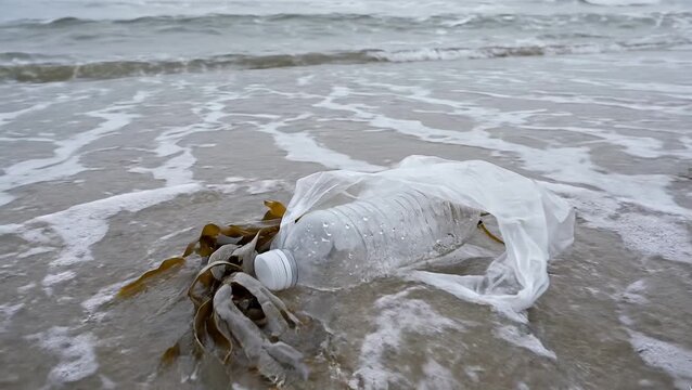 Plastic bottle and seaweed on the beach, concept of environmental pollution