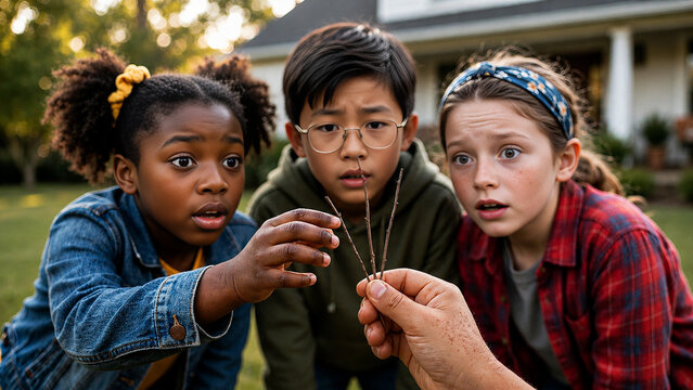 Photo of diverse children drawing short straws outdoors, Black girl hesitating to pick one stick, suspenseful moment of random choice and friendship, close-up hand holding short straws in backyard