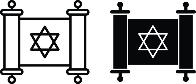 Jewish Torah scroll outline and silhouette icons, sacred religious scripture vector illustration isolated on white background design