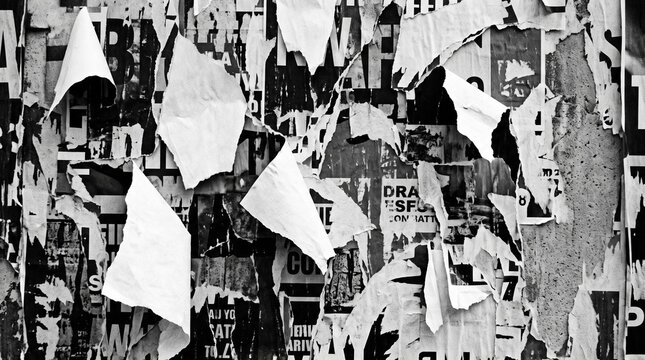 Gritty black and white torn posters on urban brick wall