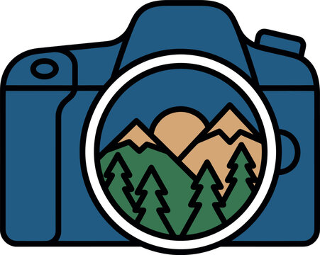 Professional camera capturing a scenic landscape with mountains and trees