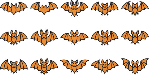 Obraz premium Set of cute flying bats for a spooky halloween vector illustration featuring various hand drawn orange cartoon creatures