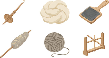 Traditional Wool Spinning and Fiber Craft Tools Set with Drop Spindle, Carding Paddle, Wooden Niddy Noddy, Roving Wool, and Wound Yarn Ball Vector Icons © Borsha