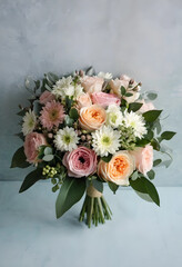 Obraz premium Elegant bridal bouquet with pink and peach roses, white chrysanthemums, and green eucalyptus leaves on a textured background