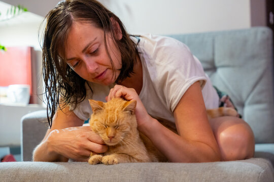 Woman Stroking Ginger Cat On Sofa At Home During Relaxing Pet Care And Animal Bonding