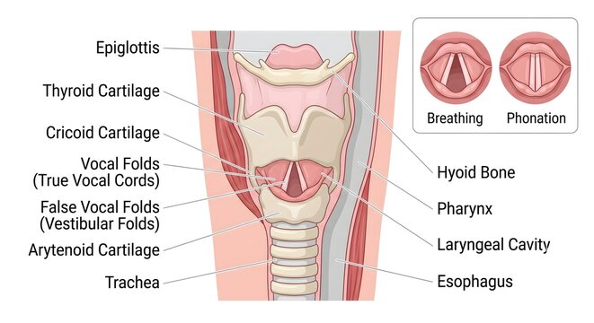Human larynx and vocal cords anatomy diagram with detailed medical labels showing breathing and phonation