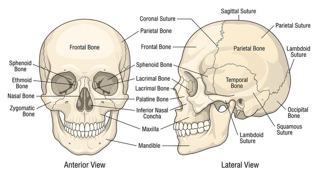 Human skull anatomy diagram anterior and lateral views with detailed medical labels showing cranial bones