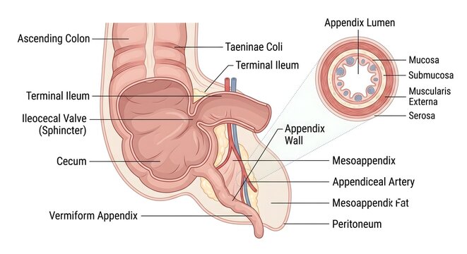 Human vermiform appendix and cecum anatomy cross section diagram with detailed medical labels