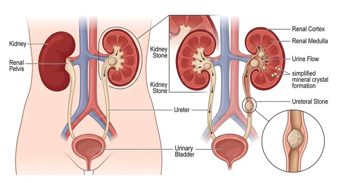 Human urinary system anatomy diagram showing kidney stone formation and ureteral stone cross section with medical labels