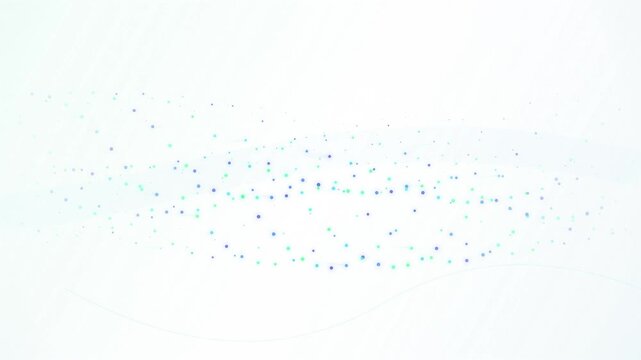 Abstract digital background featuring a horizontal flow of blue and green bokeh particles and dots on a clean white surface representing data connectivity and technology.
