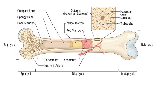 Human long bone anatomy cross section diagram with detailed medical labels showing internal structures and magnified osteon system