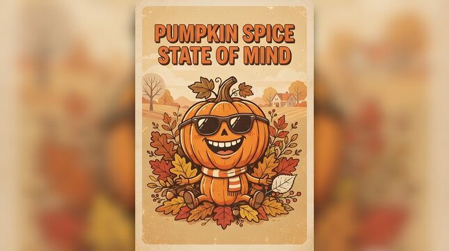 A vintage style poster featuring a cool pumpkin character wearing sunglasses to celebrate a happy thanksgiving holiday with festive autumn leaves and seasonal harvest vibes