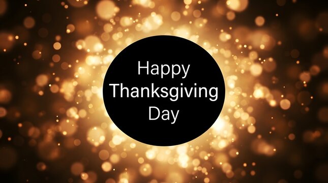 A festive golden bokeh background featuring a circular black emblem with the text happy thanksgiving for celebrating the autumn holiday season with family and friends