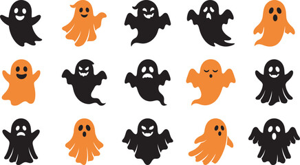 Fototapeta premium Set of cute ghosts for halloween vector illustration featuring various spooky characters in black and orange color palette