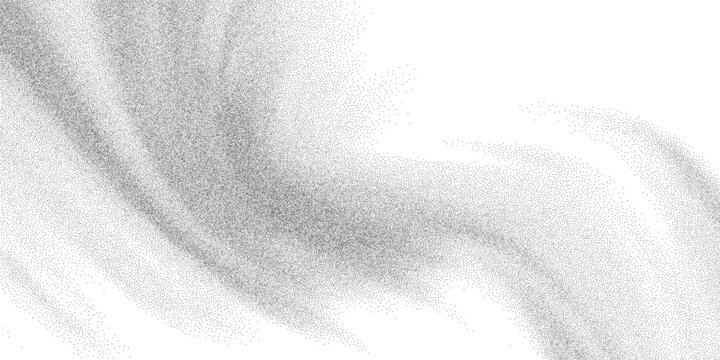 Granular stipple flow, abstract dotted mass with sweeping curves, dense grain and soft dispersion. Monochrome noise texture for poster backgrounds, overlays experimental graphics. Vector illustration