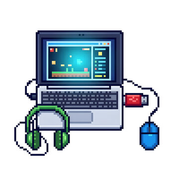 Pixel art laptop displaying game development software with mouse headphones usb.