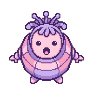 Pixel art cute chubby alien monster character with antennae and surprised expression.