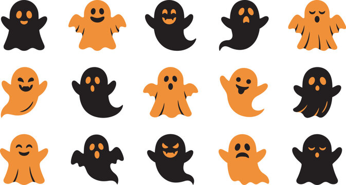 Set of cute black and orange ghosts for a fun halloween vector illustration design project on white background