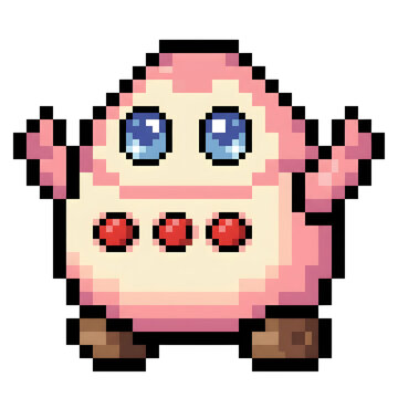 Pixel art cute cartoon character pink alien monster with big blue eyes.