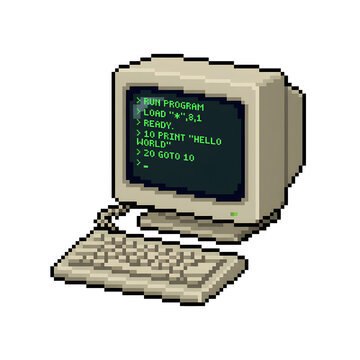 Pixel art vintage computer with green monitor text display and classic beige keyboard set.