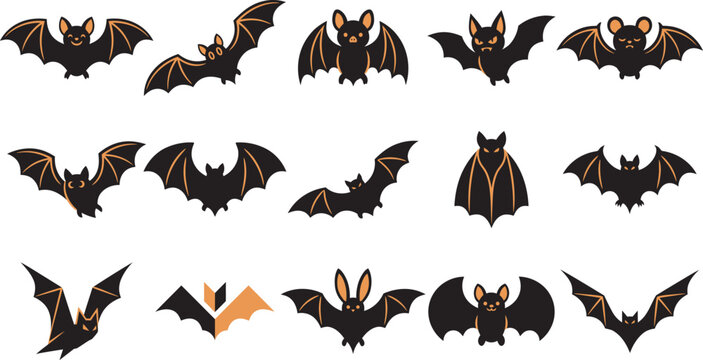 Set of various flying bats for halloween vector illustration featuring spooky creatures in different poses on white background