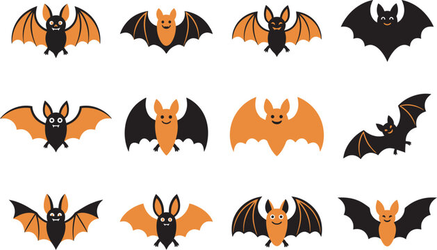 Set of cute halloween vector illustration featuring various hand drawn bat characters for seasonal holiday party decoration designs