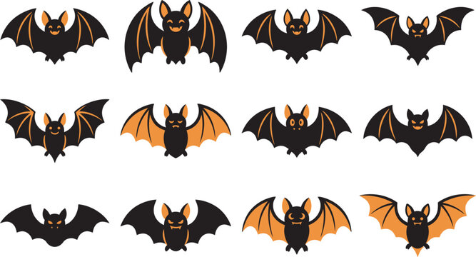 Set of cute bats for halloween vector illustration featuring various hand drawn flying creatures on white background