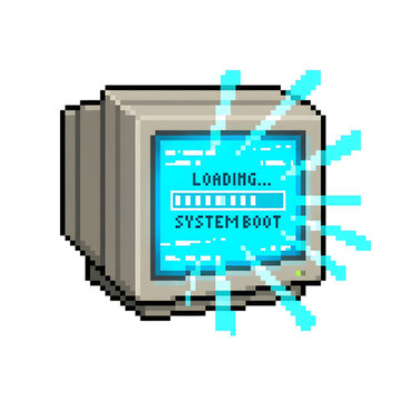 Old crt monitor pixel art illustration showing system boot loading screen with glow effect.