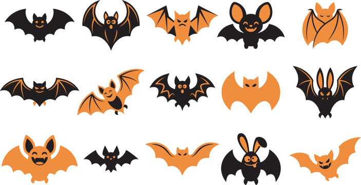 Set of cute cartoon bats for halloween vector illustration featuring various spooky characters in orange and black colors
