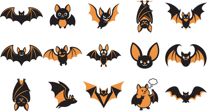 Set of cute flying bats for a spooky halloween vector illustration featuring various cartoon characters on white background
