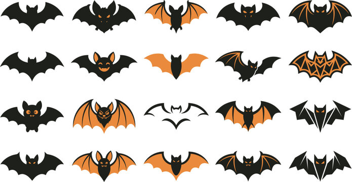A collection of various bat silhouettes and icons for a spooky halloween vector illustration design set