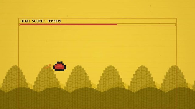 Red pixel character jumps over obstacles in a retro arcade platformer game.