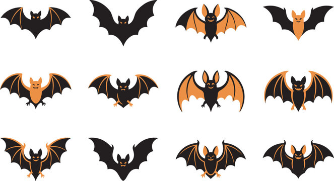 Set of various flying bat characters for a spooky halloween vector illustration design collection on white background