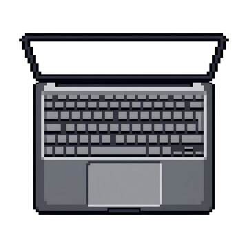 Overhead pixel art laptop illustration with light grey body and detailed keyboard layout UI.
