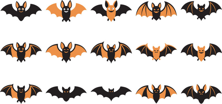 A collection of cute bats in a halloween vector illustration set featuring various flying poses and orange black colors