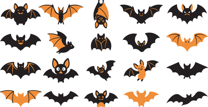 A collection of various bat characters for a spooky halloween vector illustration set on a plain white background