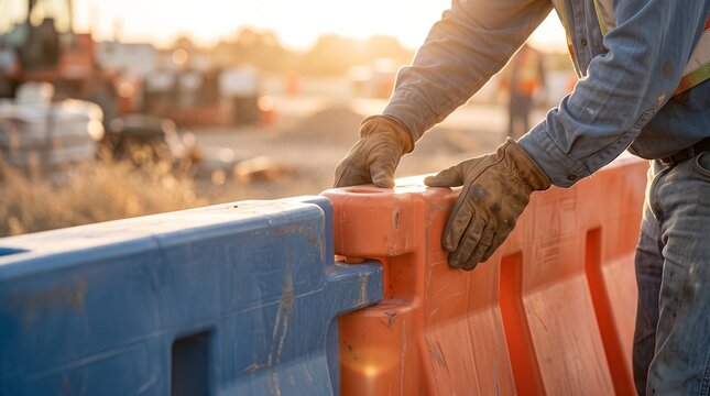 Worker sets up a barrier on a construction site during sunset to improve safety and control traffic flow in the area