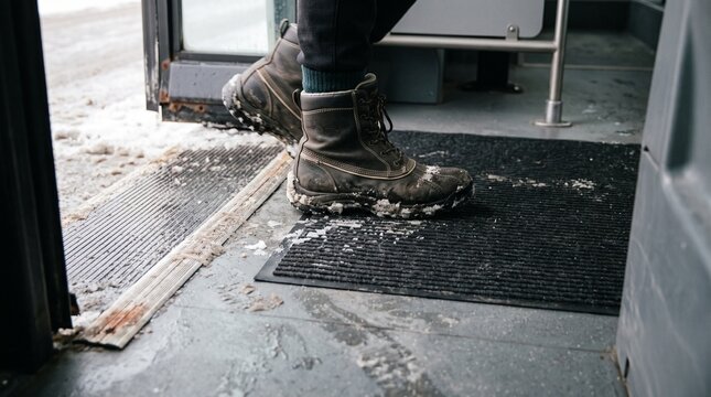 Boot steps on a mat with snow after entering a building in a cold winter setting