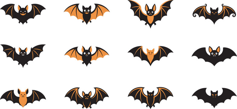 Set of flying bats in a spooky halloween vector illustration for seasonal holiday decorations and graphic design projects