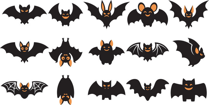Set of various black bat silhouettes for a spooky halloween vector illustration design collection on white background