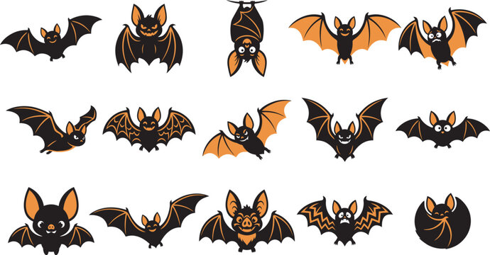Set of various cute bat characters for a spooky halloween vector illustration design collection on white background